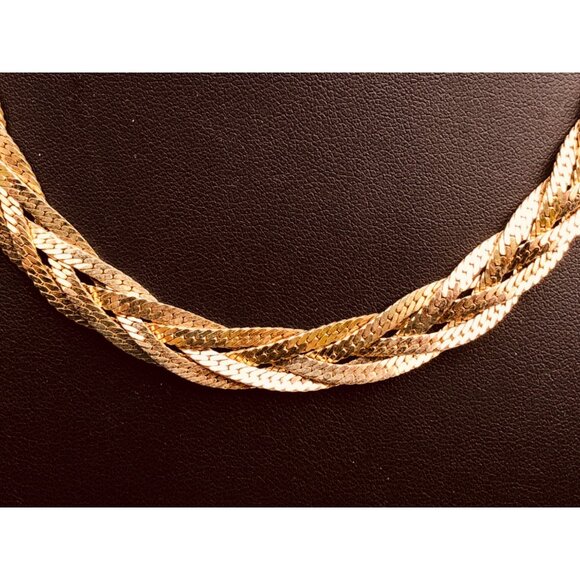 Vintage Four Strand Braided Flat Chain Necklace in Gold Tone Metal - Picture 2 of 3